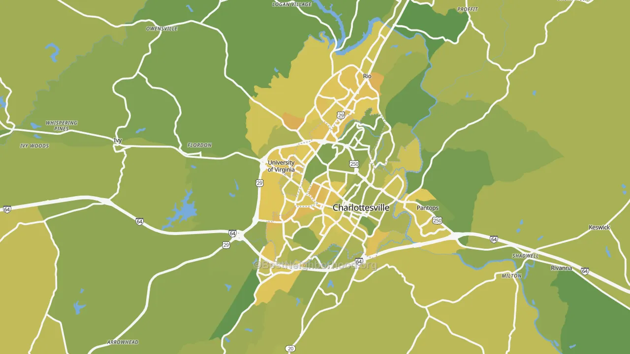 Map of the best neighborhoods in the Charlottesville Metro area, with better matches in green and worse matches in red
