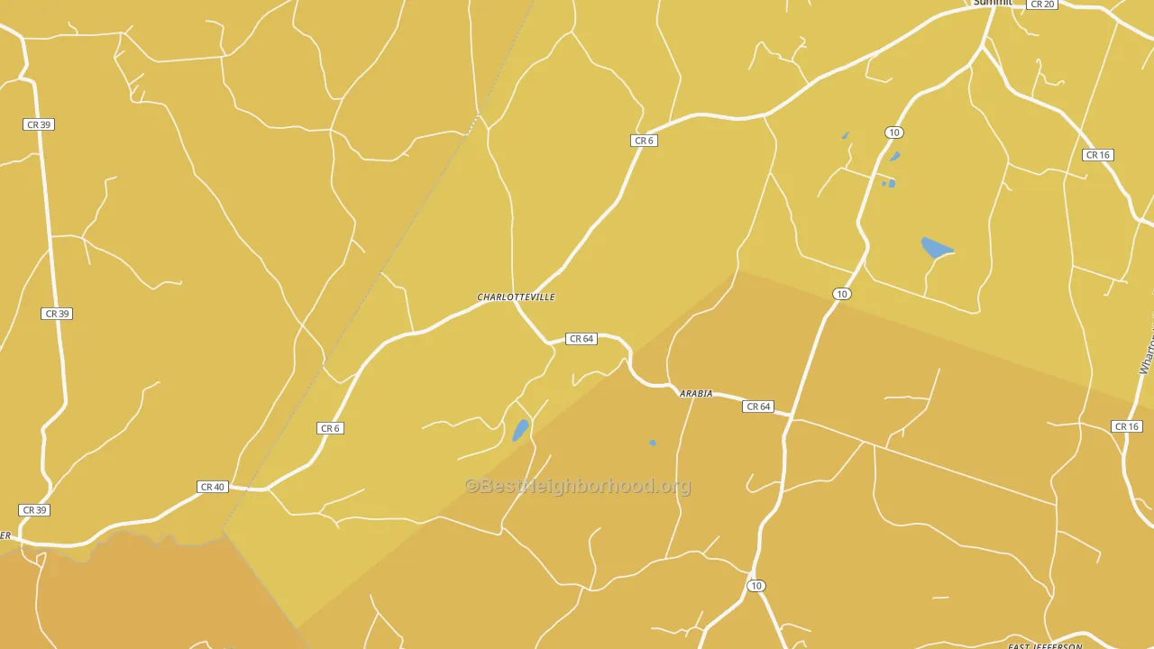 Map of the best neighborhoods in the Charlotteville area, with better matches in green and worse matches in red