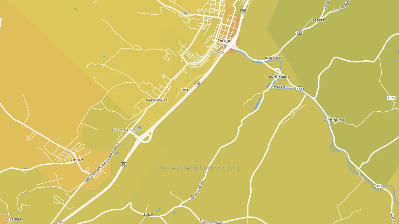 Map of the best neighborhoods in the Charlottsville area, with better matches in green and worse matches in red