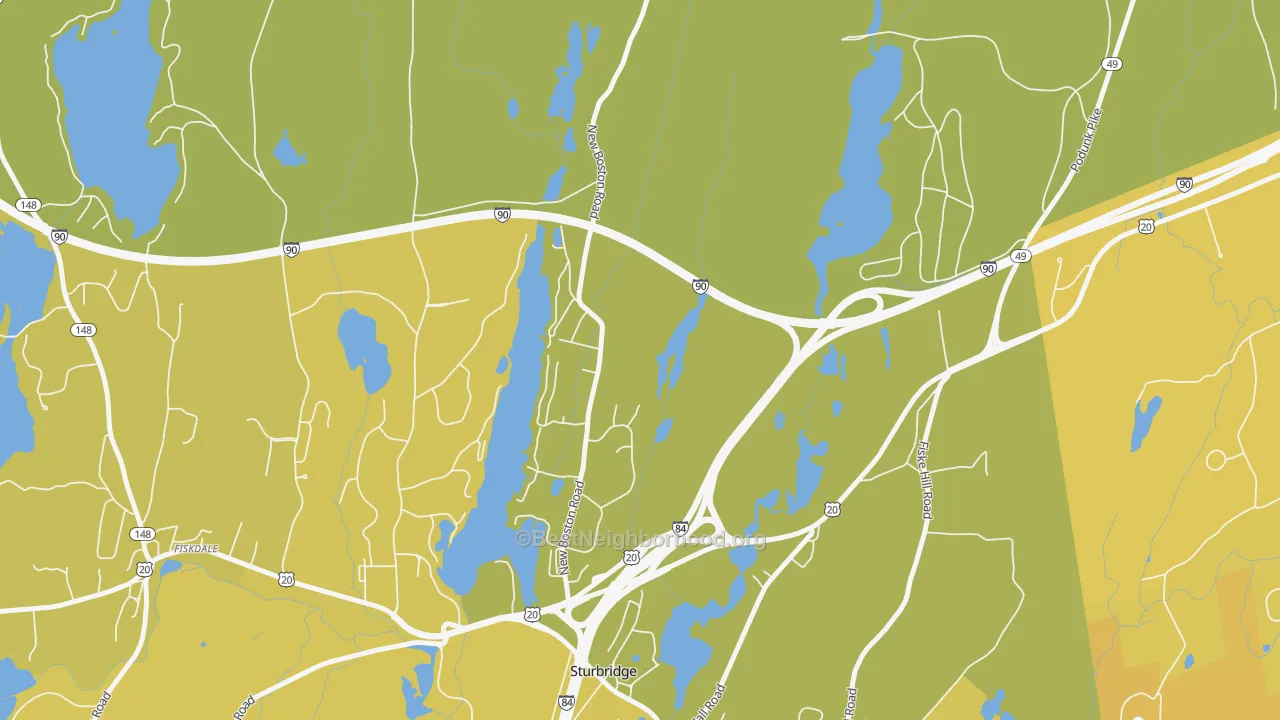 Map of the best neighborhoods in the Charlton City area, with better matches in green and worse matches in red