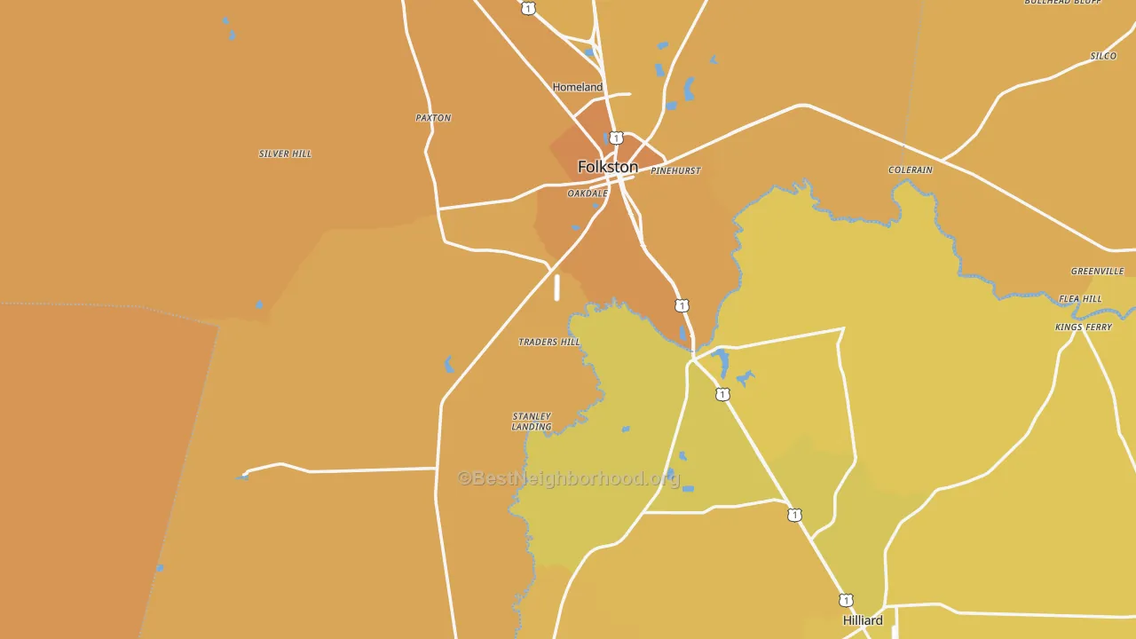 Map of the best neighborhoods in the Charlton County area, with better matches in green and worse matches in red