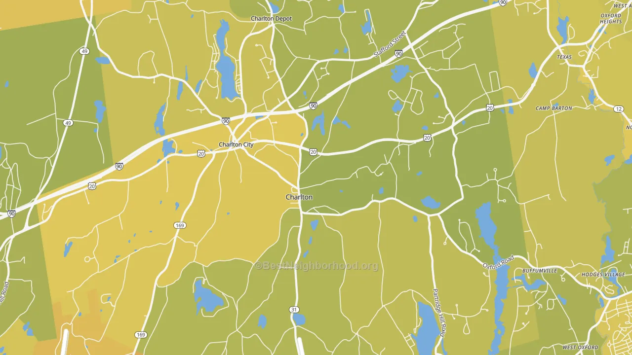 Map of the best neighborhoods in the Charlton area, with better matches in green and worse matches in red