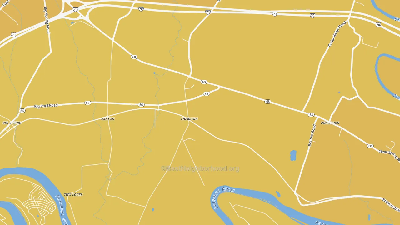 Map of the best neighborhoods in the Charlton area, with better matches in green and worse matches in red