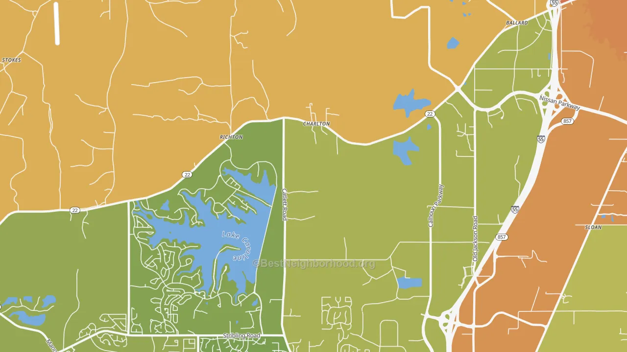 Map of the best neighborhoods in the Charlton area, with better matches in green and worse matches in red