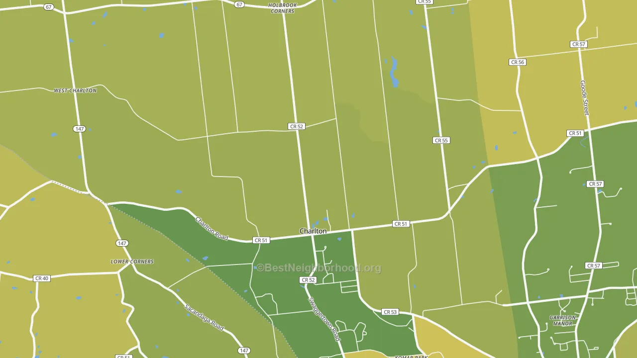 Map of the best neighborhoods in the Charlton area, with better matches in green and worse matches in red