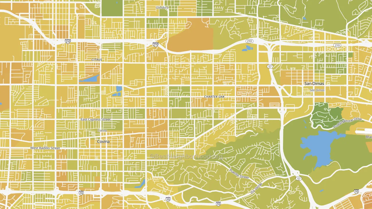 Map of the best neighborhoods in the Charter Oak, Covina area, with better matches in green and worse matches in red