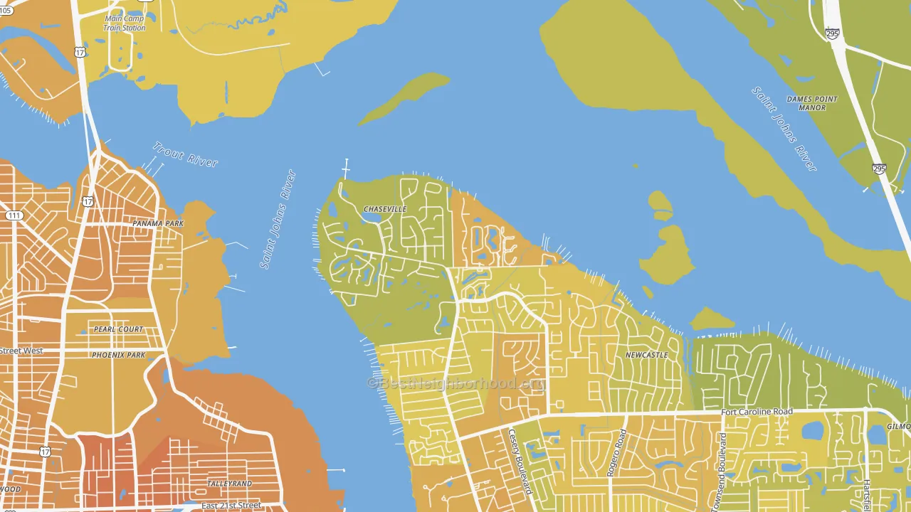 Map of the best neighborhoods in the Charter Point, Jacksonville area, with better matches in green and worse matches in red