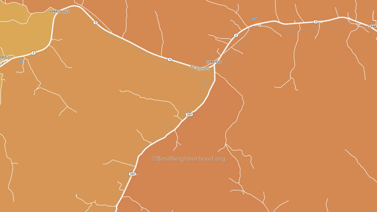 Map of the best neighborhoods in the Charters area, with better matches in green and worse matches in red