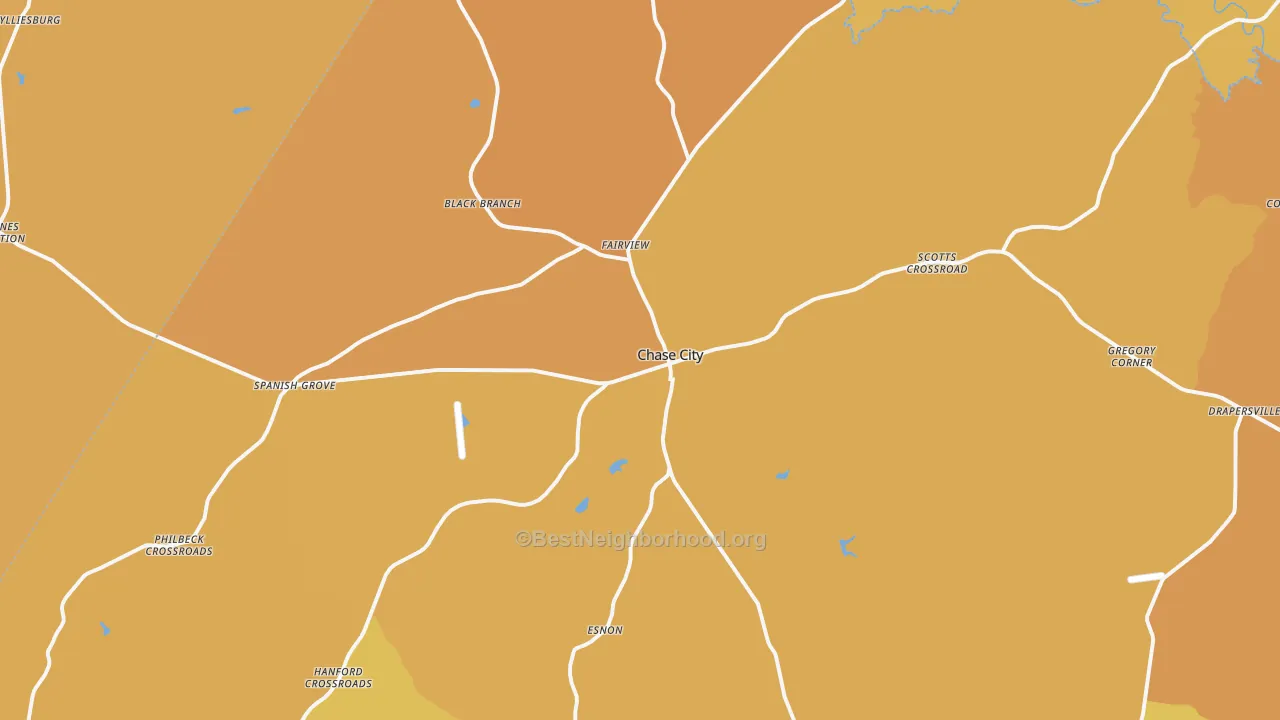 Map of the best neighborhoods in the Chase City area, with better matches in green and worse matches in red