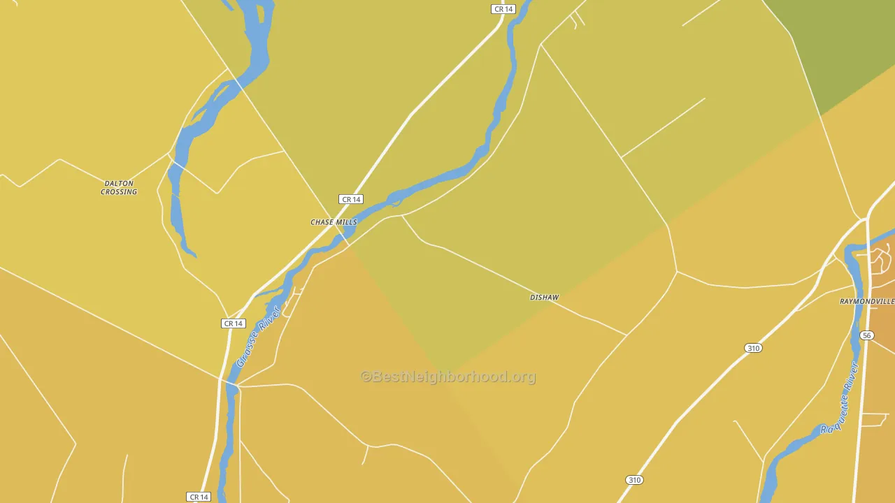 Map of the best neighborhoods in the Chase Mills area, with better matches in green and worse matches in red