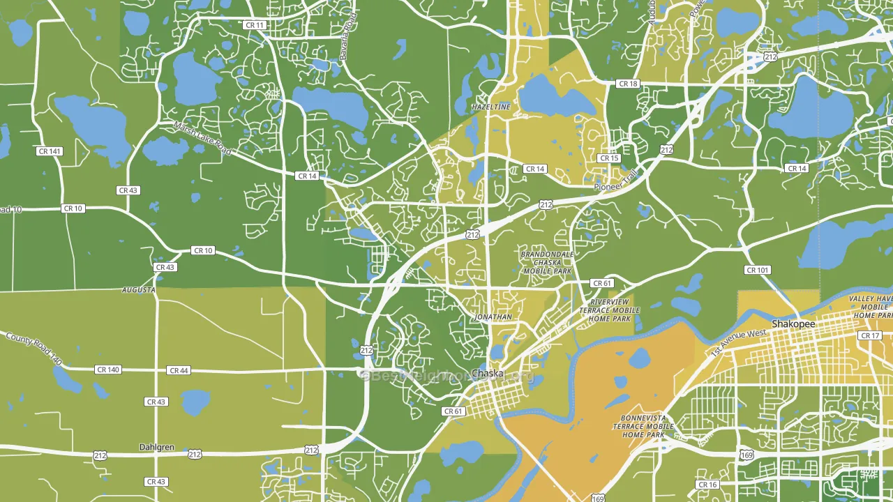 Map of the best neighborhoods in the Chaska area, with better matches in green and worse matches in red