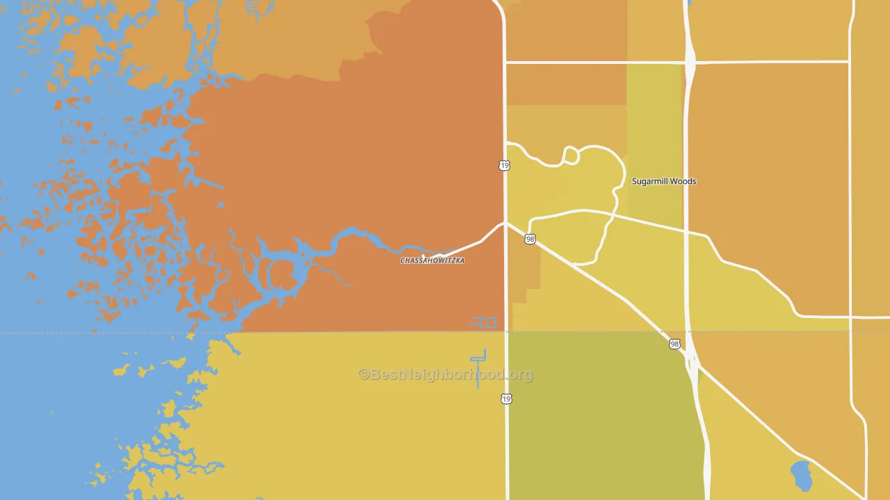 Map of the best neighborhoods in the Chassahowitzka area, with better matches in green and worse matches in red