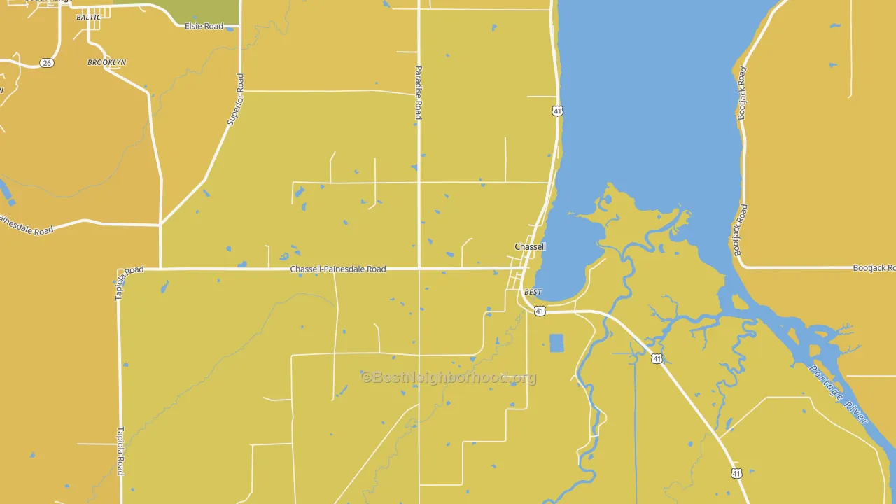 Map of the best neighborhoods in the Chassell area, with better matches in green and worse matches in red