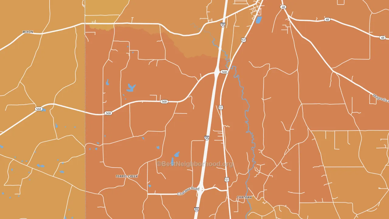 Map of the best neighborhoods in the Chatawa area, with better matches in green and worse matches in red