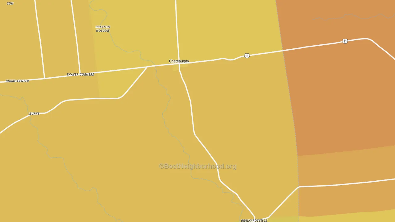 Map of the best neighborhoods in the Chateaugay area, with better matches in green and worse matches in red