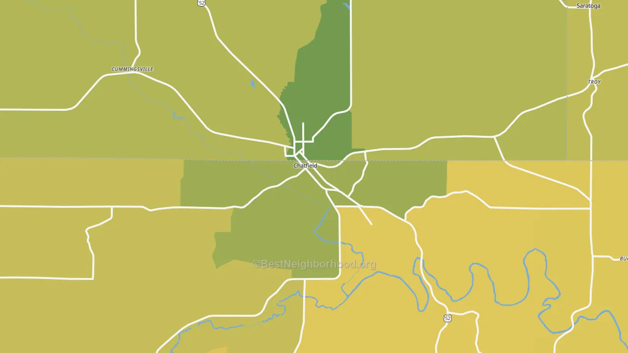 Map of the best neighborhoods in the Chatfield area, with better matches in green and worse matches in red