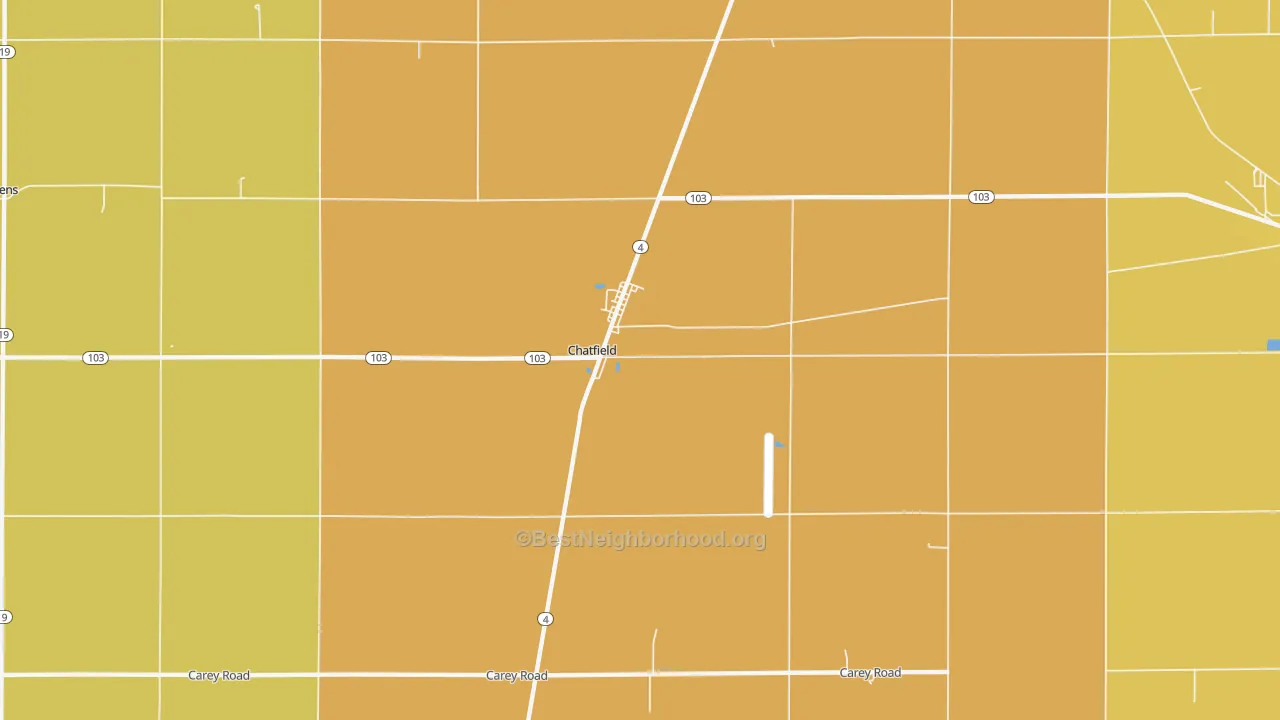 Map of the best neighborhoods in the Chatfield area, with better matches in green and worse matches in red