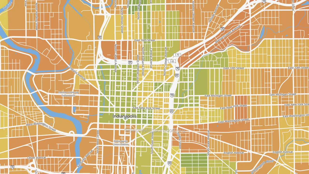 Map of the best neighborhoods in the Chatham-Arch, Indianapolis area, with better matches in green and worse matches in red