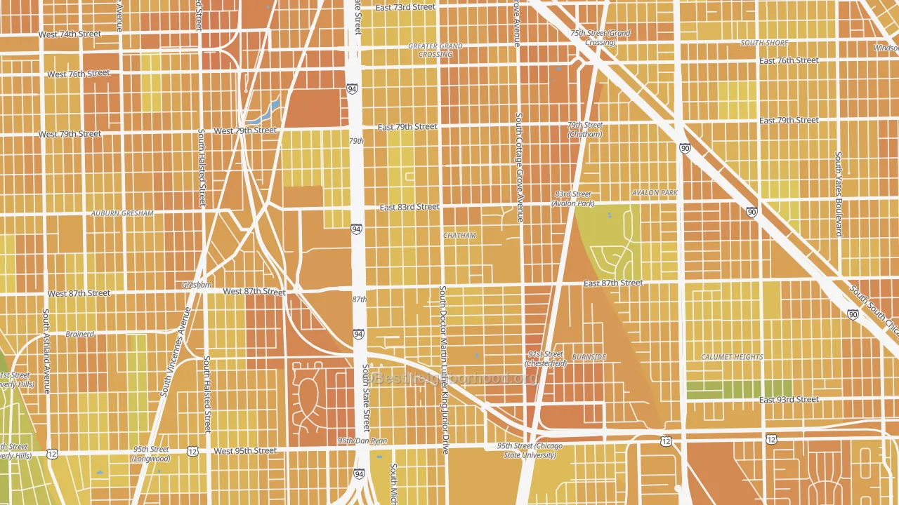 Map of the best neighborhoods in the Chatham, Chicago area, with better matches in green and worse matches in red