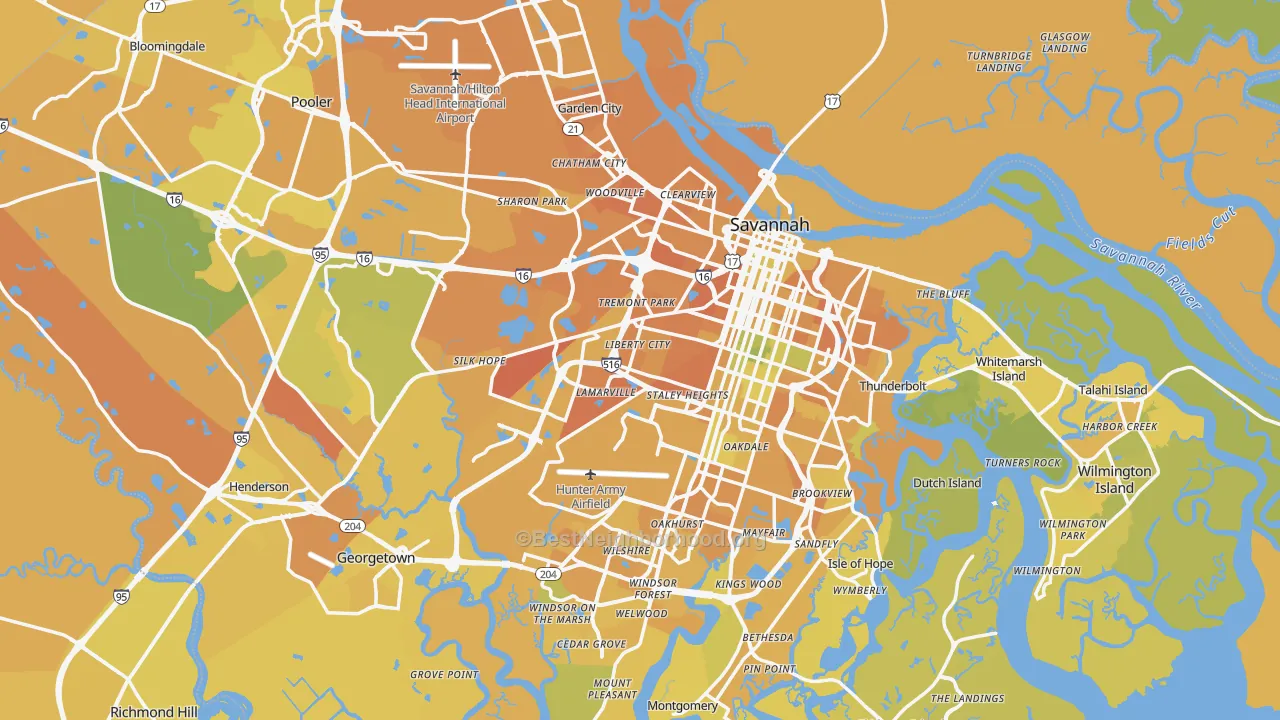 Map of the best neighborhoods in the Chatham County area, with better matches in green and worse matches in red