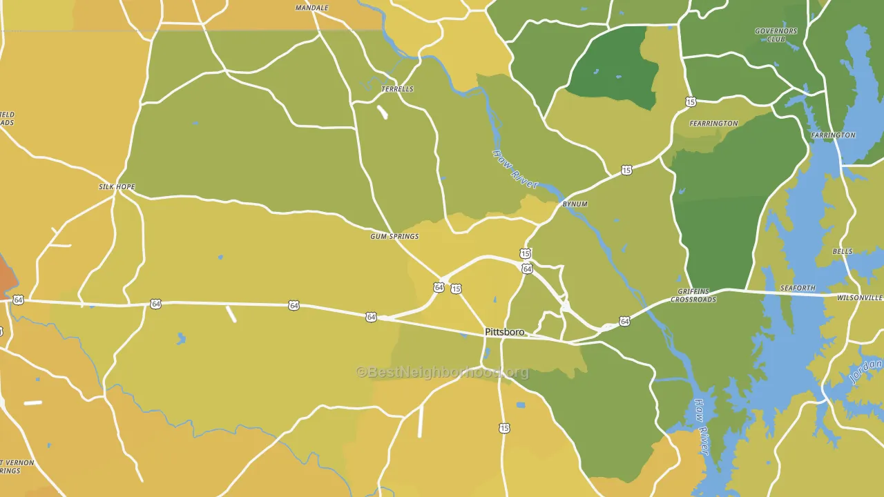 Map of the best neighborhoods in the Chatham County area, with better matches in green and worse matches in red
