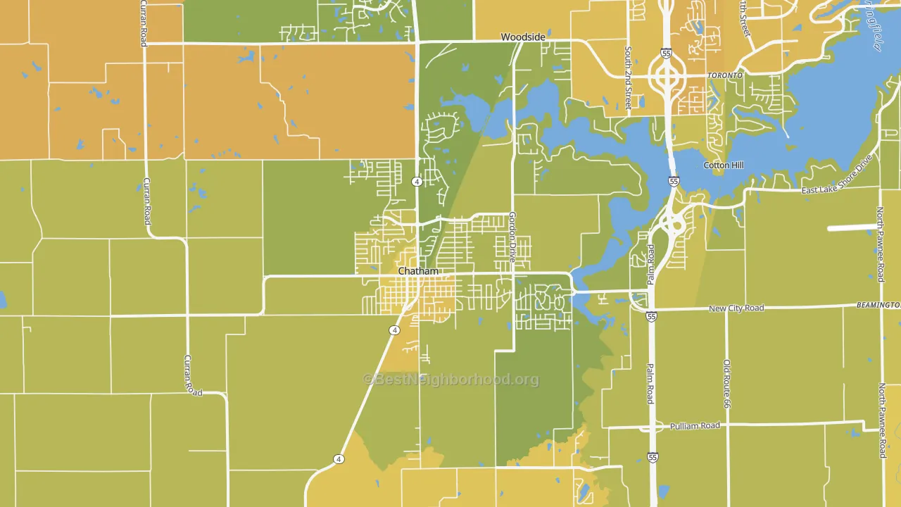 Map of the best neighborhoods in the Chatham area, with better matches in green and worse matches in red