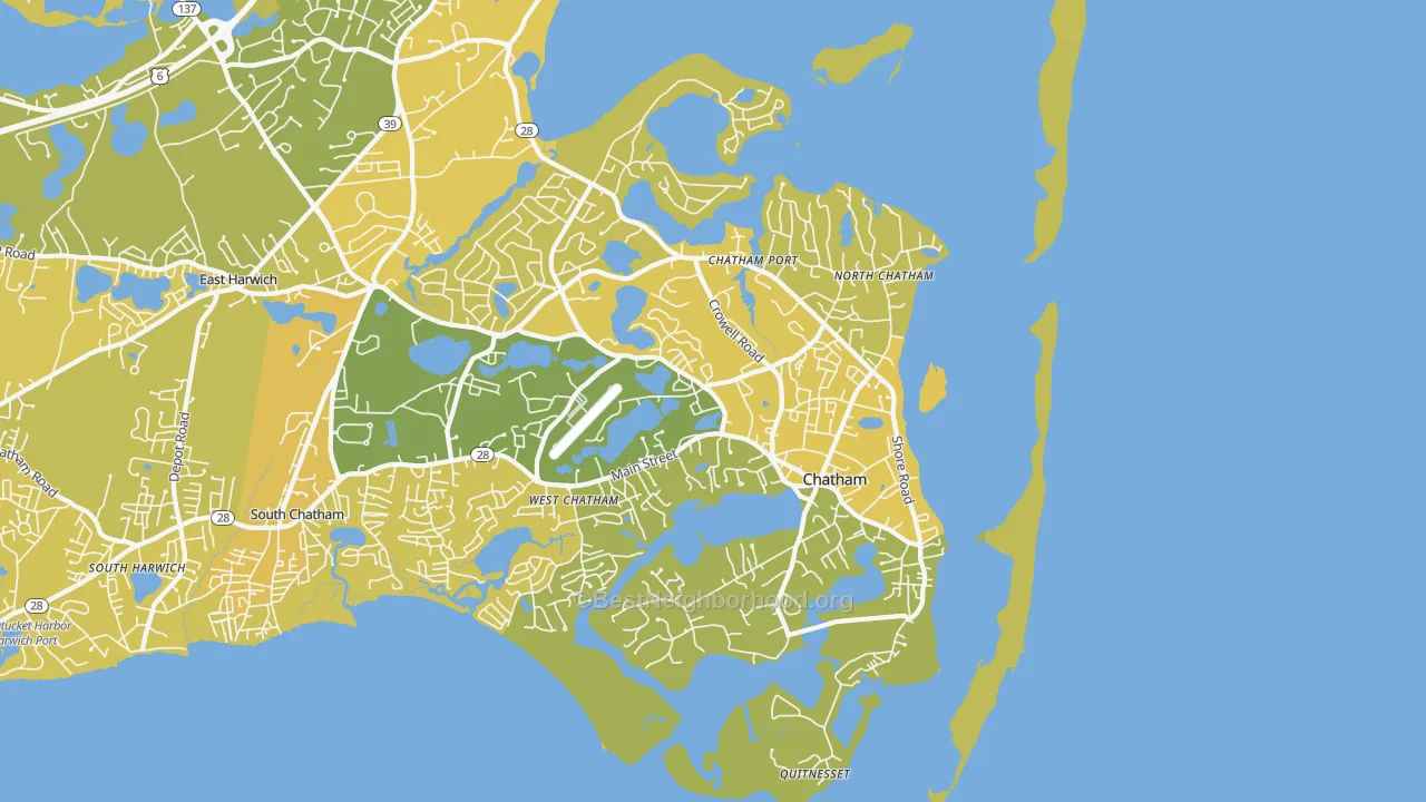 Map of the best neighborhoods in the Chatham area, with better matches in green and worse matches in red