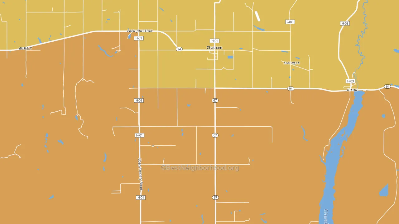 Map of the best neighborhoods in the Chatham area, with better matches in green and worse matches in red