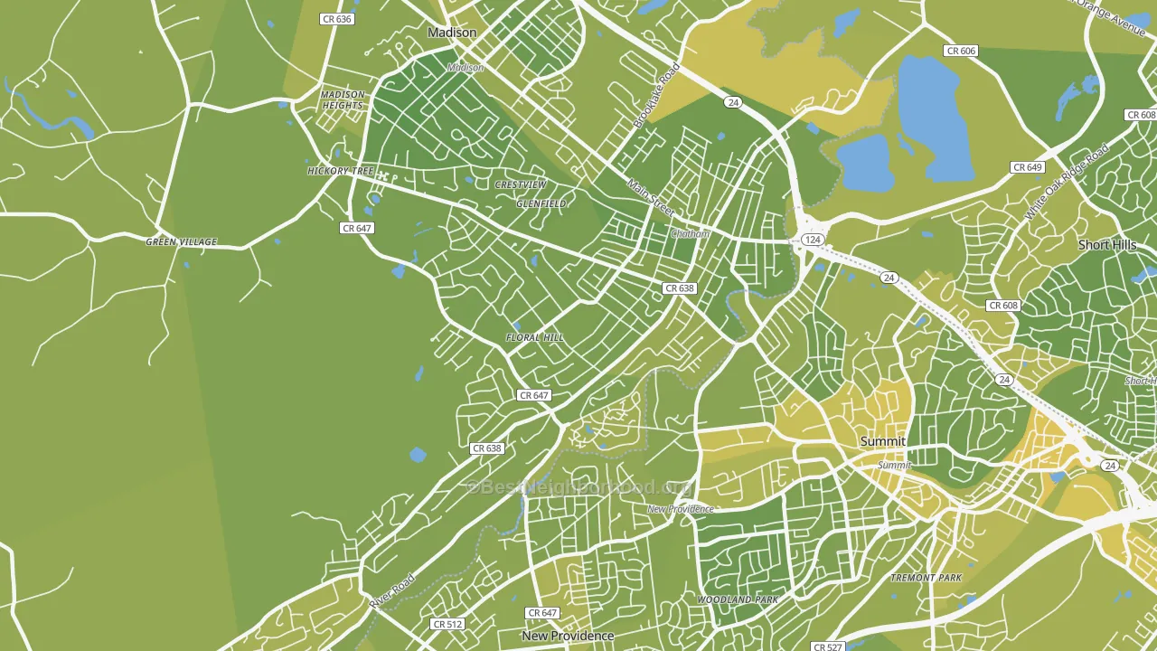 Map of the best neighborhoods in the Chatham area, with better matches in green and worse matches in red