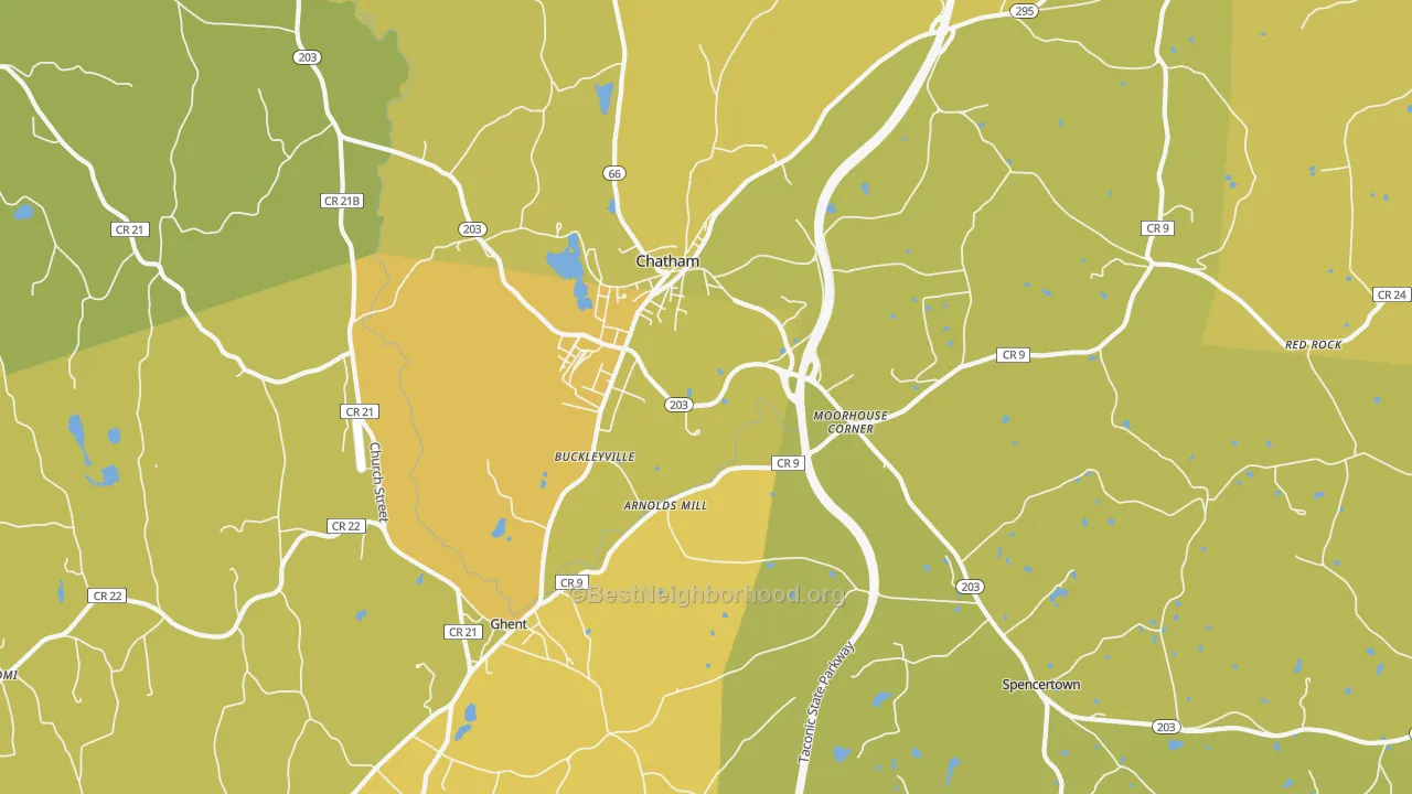 Map of the best neighborhoods in the Chatham area, with better matches in green and worse matches in red