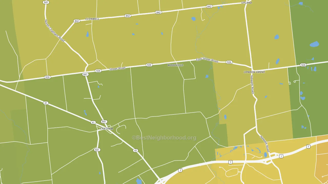 Map of the best neighborhoods in the Chatham area, with better matches in green and worse matches in red