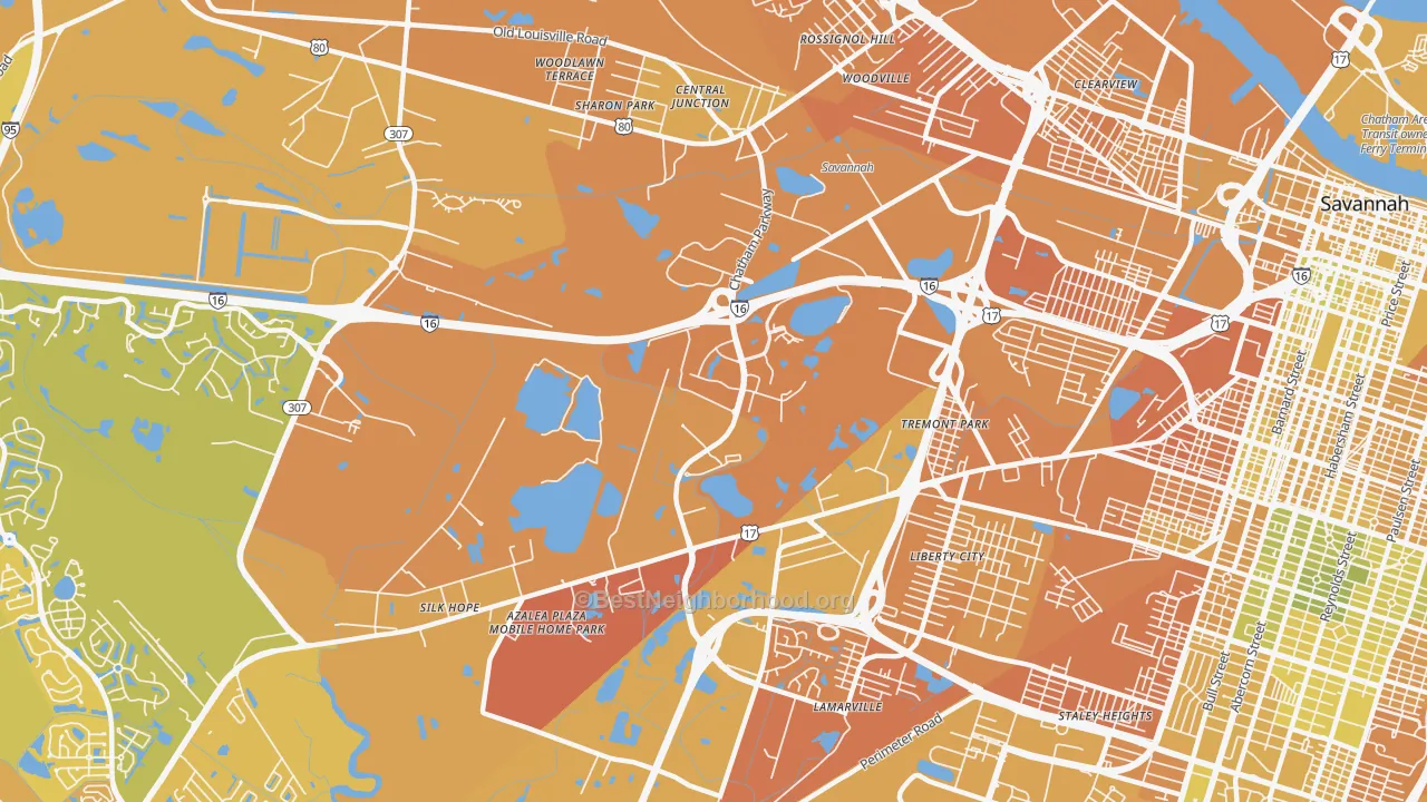 Map of the best neighborhoods in the Chatham Parkway, Savannah area, with better matches in green and worse matches in red