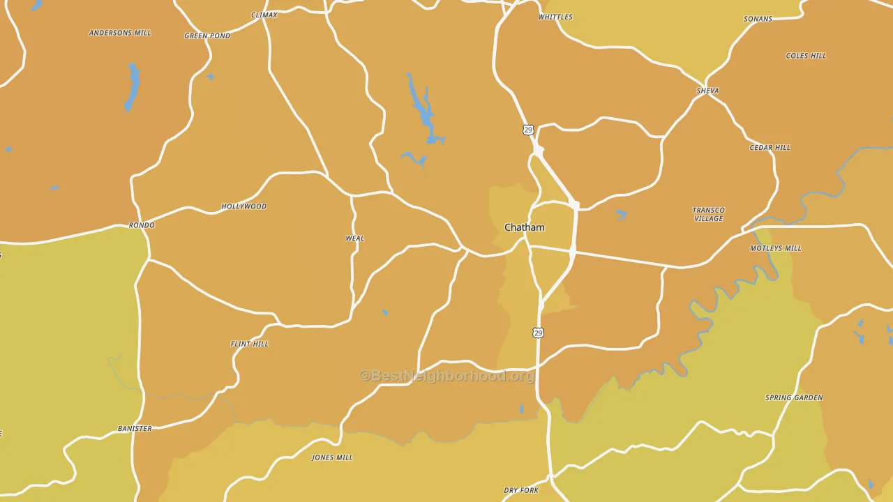 Map of the best neighborhoods in the Chatham area, with better matches in green and worse matches in red