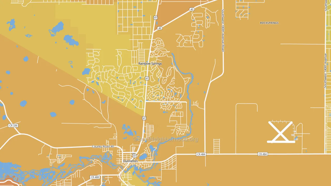 Map of the best neighborhoods in the Chatmar area, with better matches in green and worse matches in red