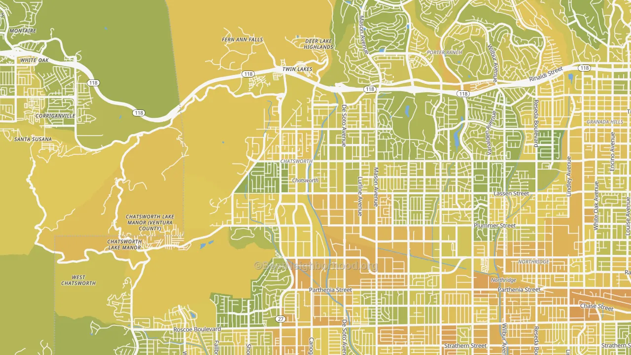 Map of the best neighborhoods in the Chatsworth area, with better matches in green and worse matches in red