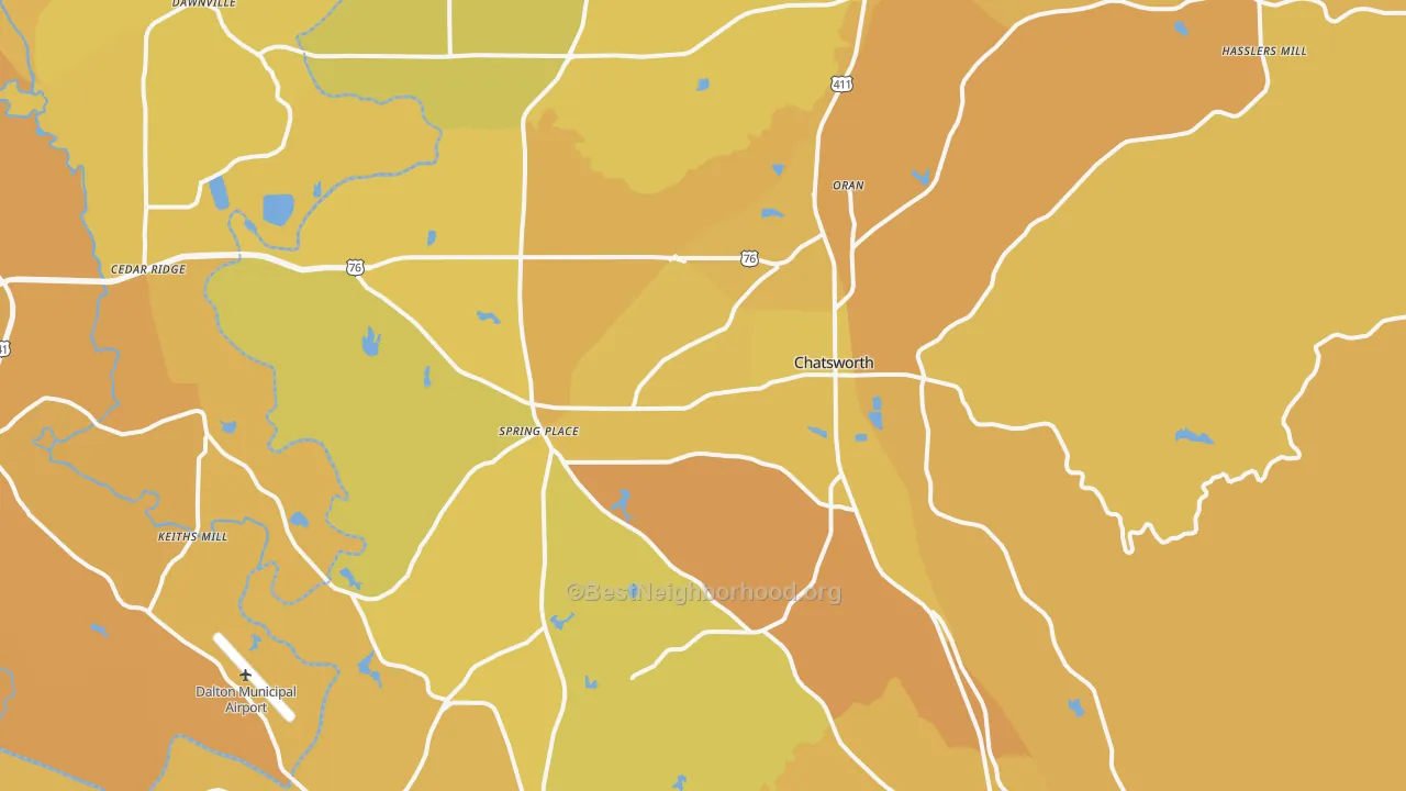 Map of the best neighborhoods in the Chatsworth area, with better matches in green and worse matches in red