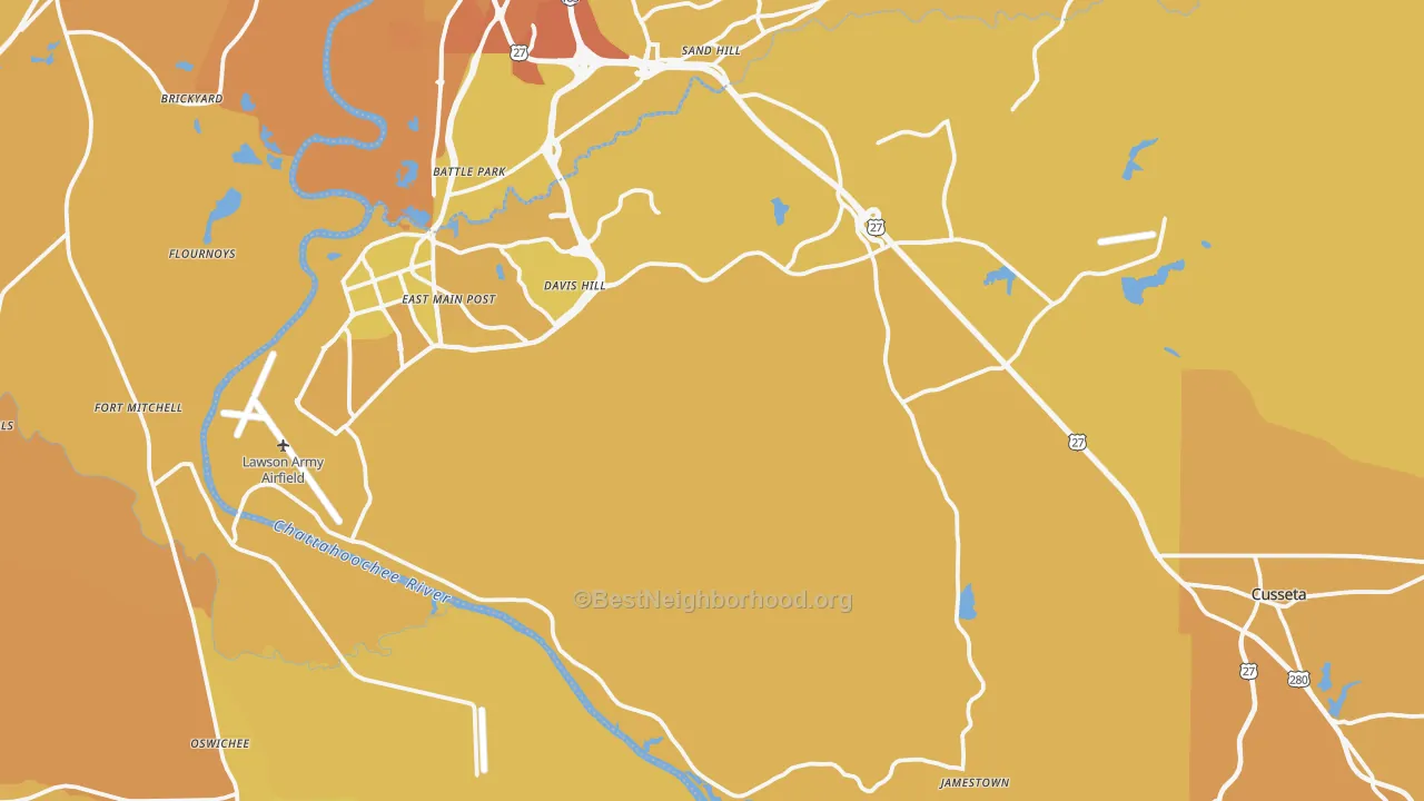 Map of the best neighborhoods in the Chattahoochee County area, with better matches in green and worse matches in red