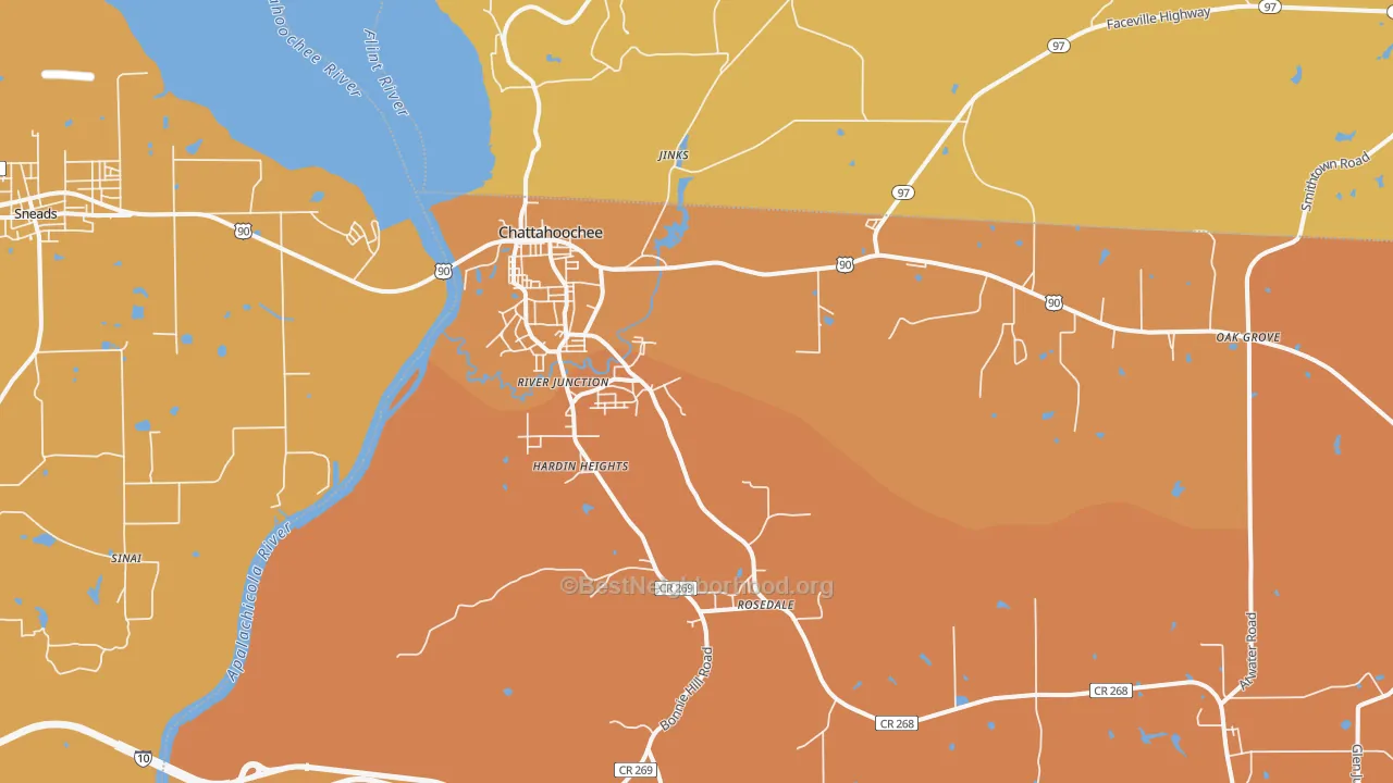 Map of the best neighborhoods in the Chattahoochee area, with better matches in green and worse matches in red