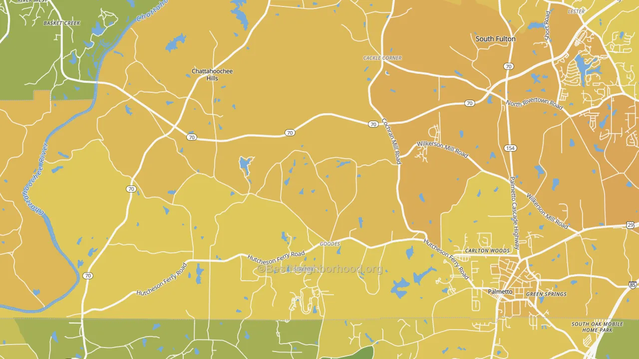 Map of the best neighborhoods in the Chattahoochee Hills area, with better matches in green and worse matches in red