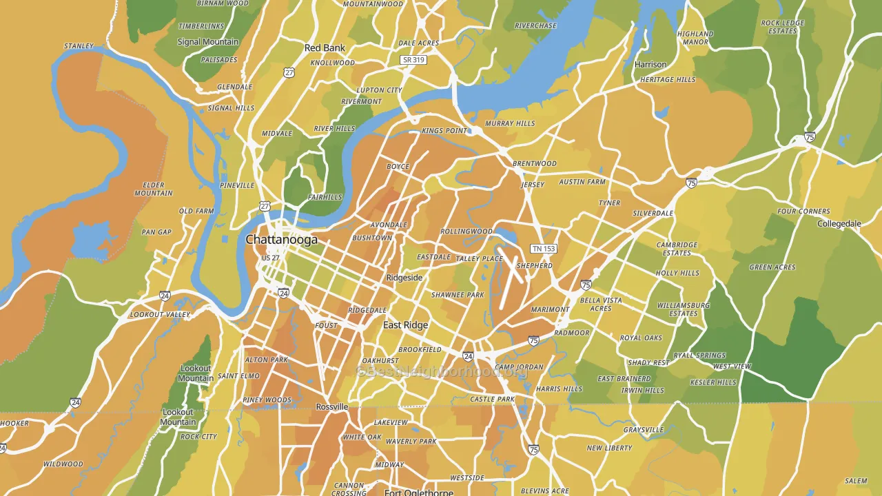 Map of the best neighborhoods in the Chattanooga Metro area, with better matches in green and worse matches in red