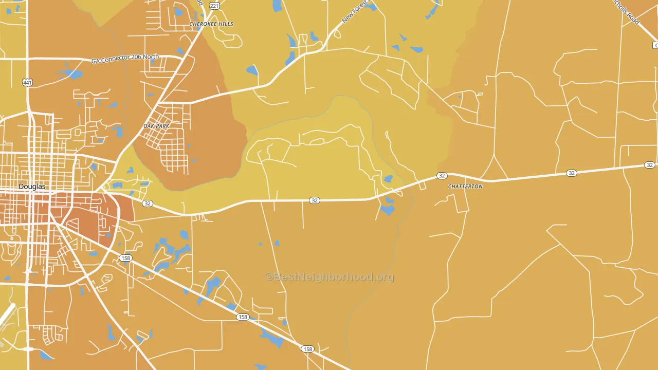 Map of the best neighborhoods in the Chatterton area, with better matches in green and worse matches in red