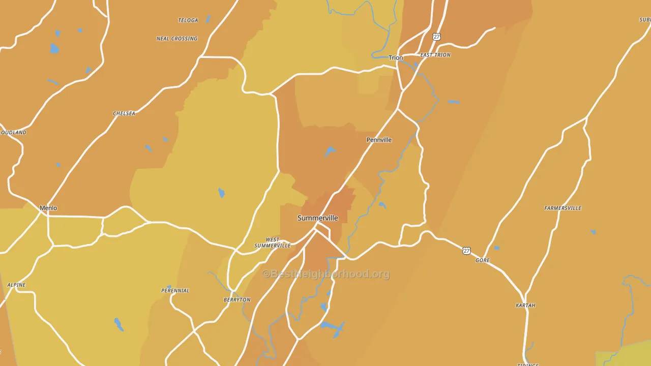 Map of the best neighborhoods in the Chattooga County area, with better matches in green and worse matches in red