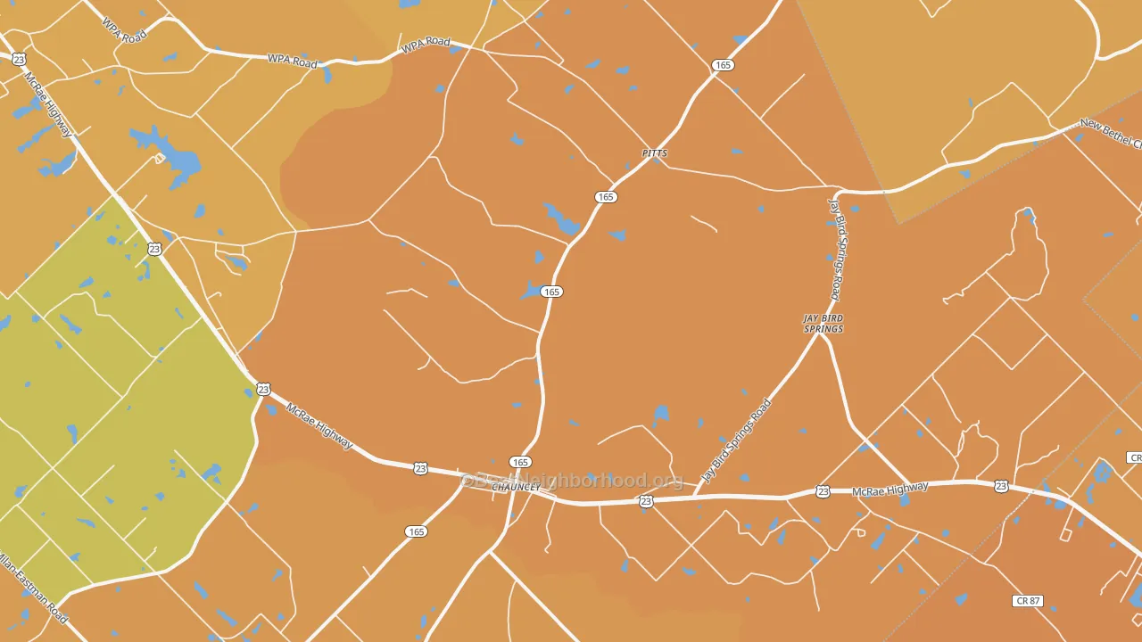 Map of the best neighborhoods in the Chauncey area, with better matches in green and worse matches in red