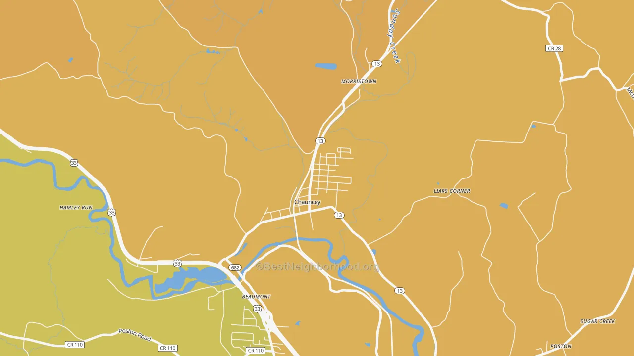 Map of the best neighborhoods in the Chauncey area, with better matches in green and worse matches in red