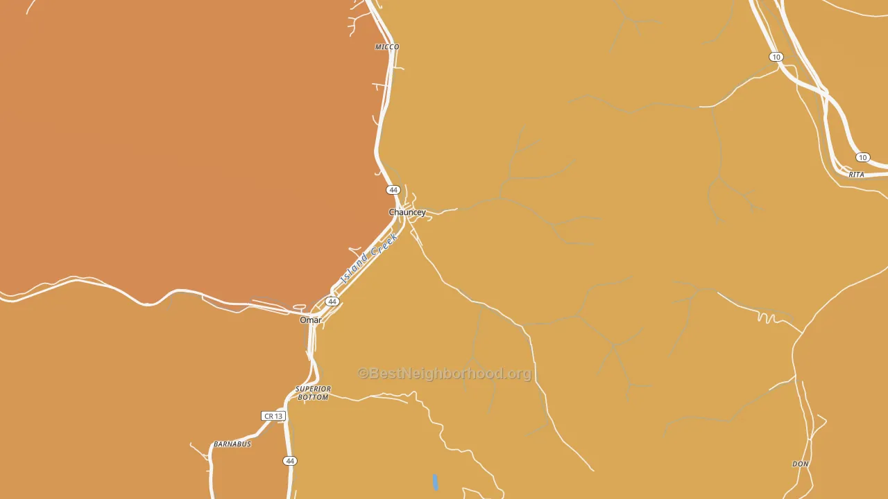 Map of the best neighborhoods in the Chauncey area, with better matches in green and worse matches in red