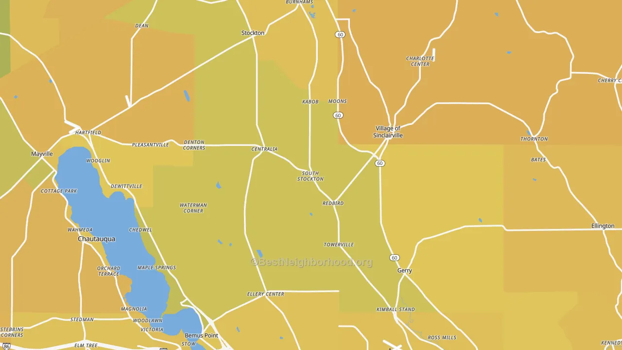 Map of the best neighborhoods in the Chautauqua County area, with better matches in green and worse matches in red