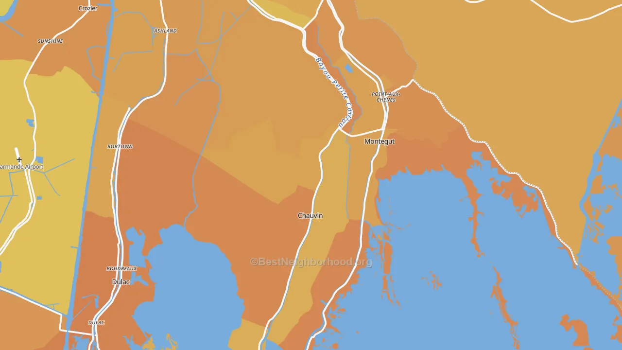Map of the best neighborhoods in the Chauvin area, with better matches in green and worse matches in red