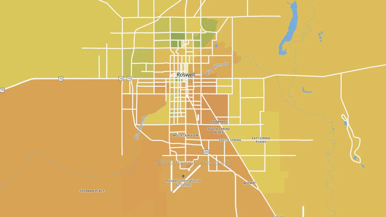 Map of the best neighborhoods in the Chaves County area, with better matches in green and worse matches in red