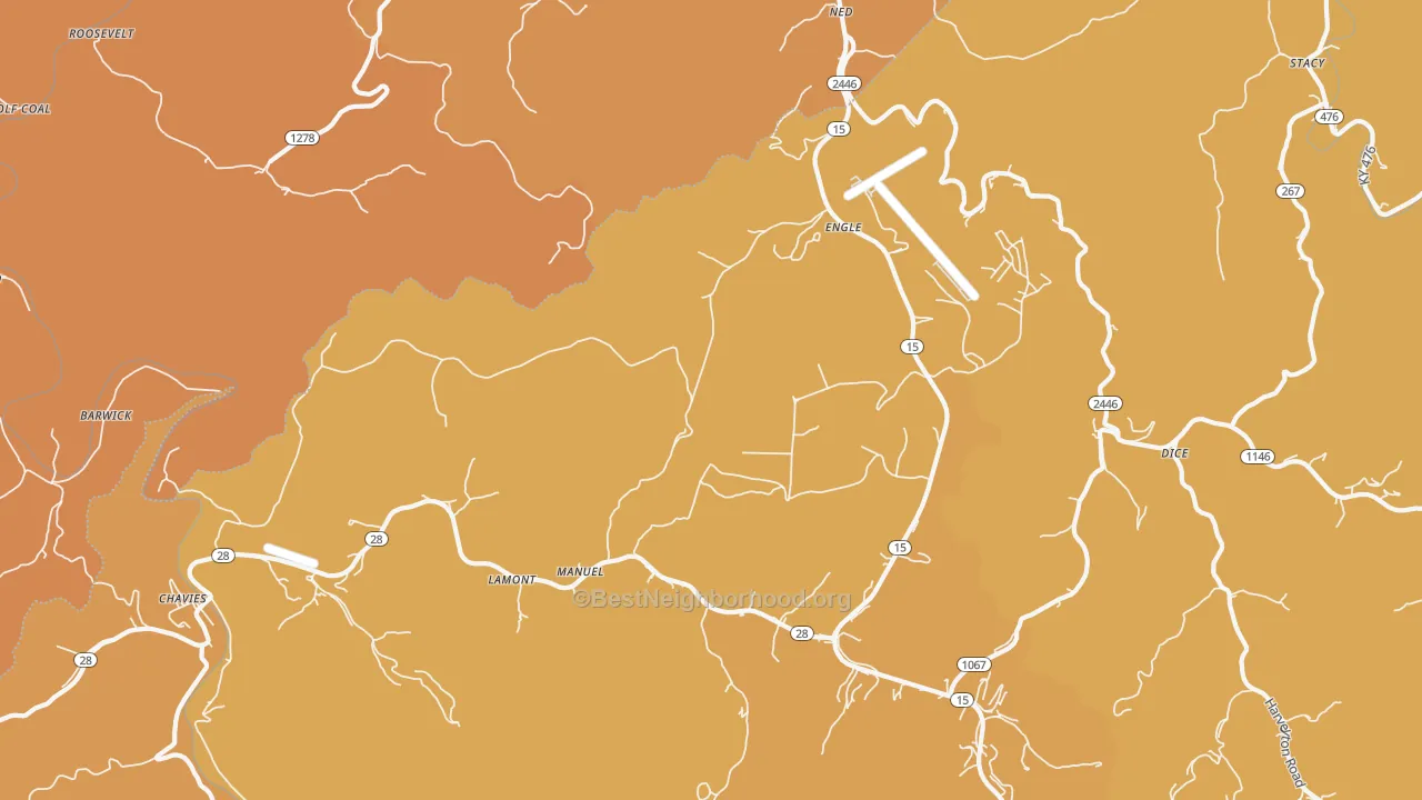 Map of the best neighborhoods in the Chavies area, with better matches in green and worse matches in red