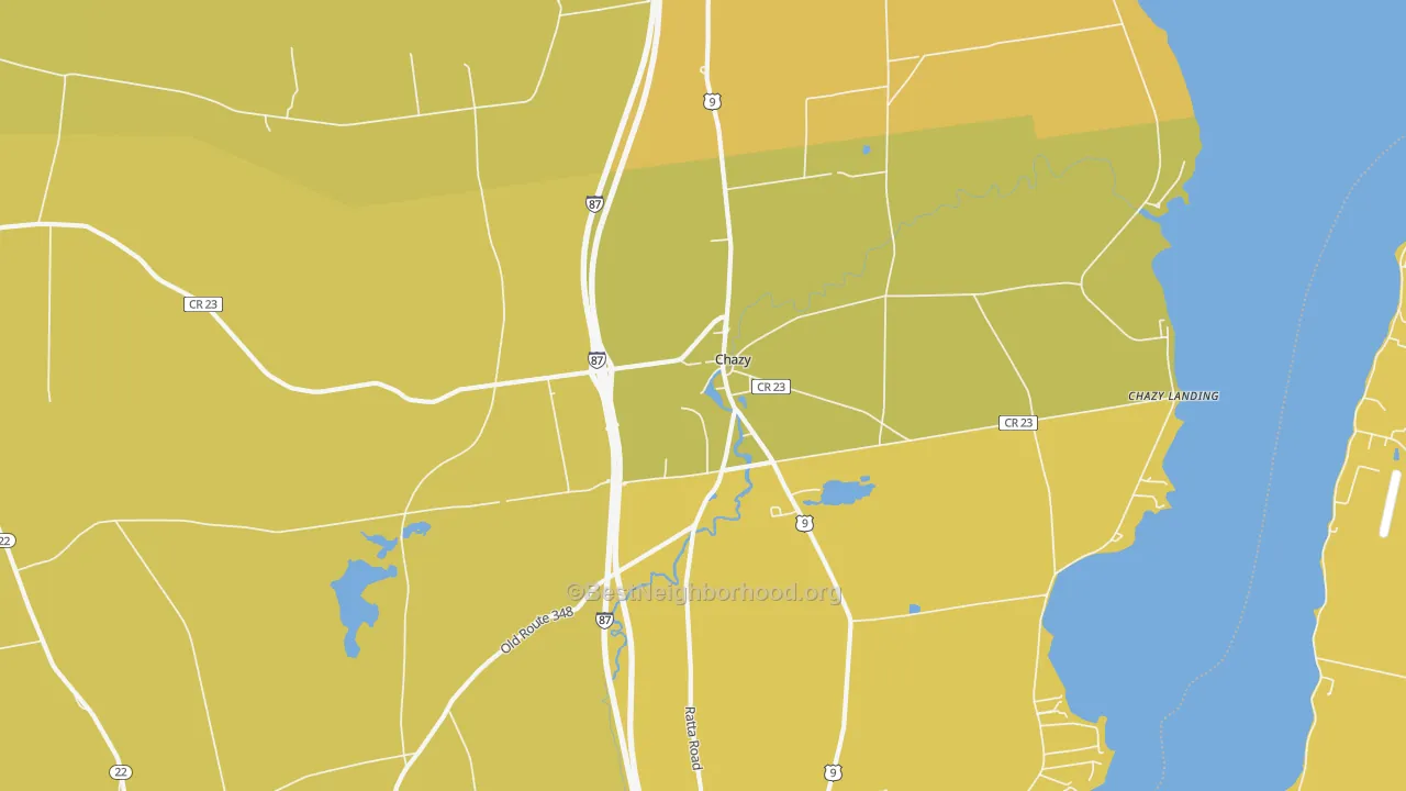 Map of the best neighborhoods in the Chazy area, with better matches in green and worse matches in red